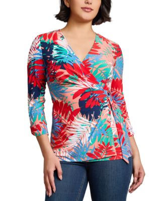 Jones New York - Women's Printed Faux-Wrap Tie-Waist Top