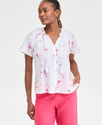 Charter Club - Women's Linen Woven Flamingo Split-Neck Peasant Top