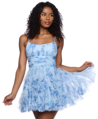 B Darlin - Juniors' Printed Ruffle-Trim Scoop-Neck Mini Dress