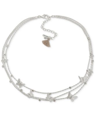 lonna & lilly - Silver-Tone Crystal Butterfly Three-Row Necklace, 17-1/2" + 3" extender