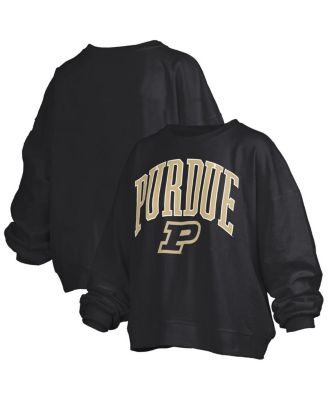Pressbox - Women's Black Purdue Boilermakers Janise Arch Over Logo Waist Length Oversized Pullover Sweatshirt