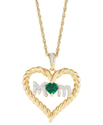 Macy's - Lab-Created Emerald (1/5 ct. t.w.) & Diamond Accent Mom Heart Pendant Necklace in 14k Gold-Plated Sterling Silver, 16" + 2" extender
