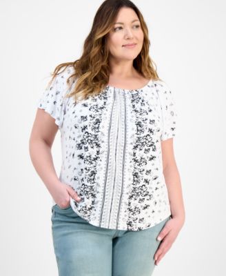 Style & Co - Plus Size Paisley Scoop-Neck Shirred Top