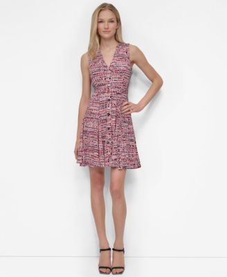 DKNY - Women's Printed V-Neck Button-Front Belted Dress