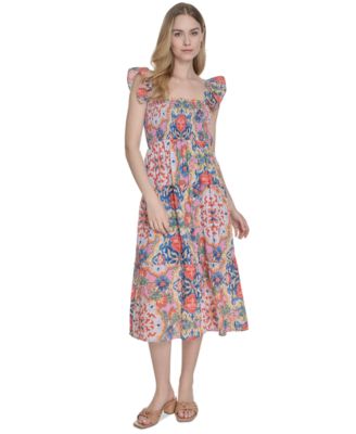Vince Camuto - Women's Printed Square-Neck Ruffle-Strap Dress