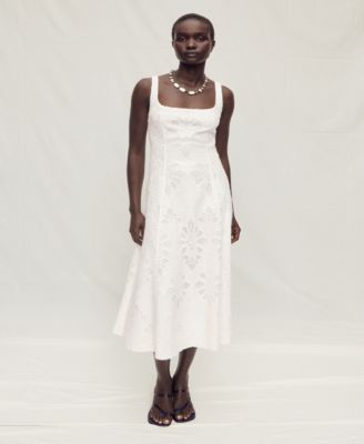 MANGO - Women's Linen Floral-Embroidered Flared Dress