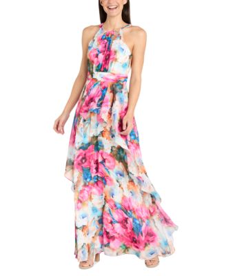 R & M Richards - Petite Floral Halter Ruched-Waist Gown
