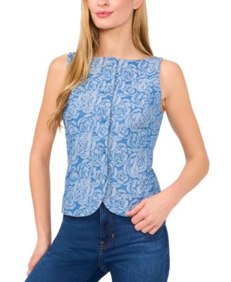CeCe - Women's Floral Jacquard Denim Button-Front Vest
