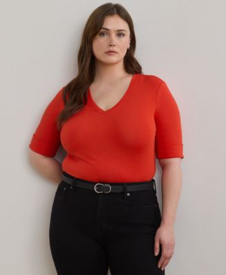 Lauren Ralph Lauren - Plus Size Stretch Cotton Elbow-Sleeve V-Neck Tee