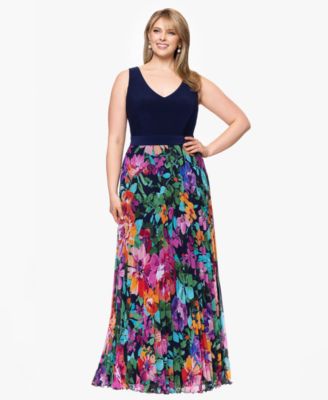 XSCAPE - Plus Size V-Neck Sleeveless Printed-Skirt Long Dress