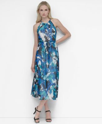 DKNY - Women's Tie-Waist Chiffon Fit & Flare Midi Dress