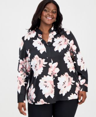 Anne Klein - Plus Size Mandarin-Collar Buttoned-Cuff Top