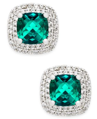 Macy's - Lab-Grown Emerald (1-1/3 ct. t.w.) and White Sapphire (1/3 ct. t.w.) Square Stud Earrings in Sterling Silver