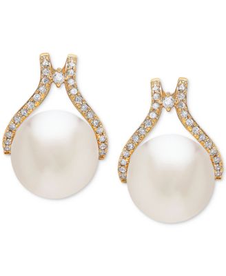 Honora - Cultured White Ming Pearl (12mm) & Diamond (1/3 ct. t.w.) Stud Earrings in 14k Gold