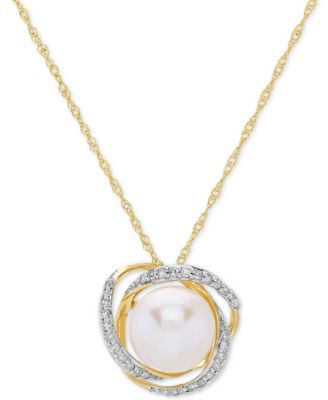 Honora - Cultured Freshwater Pearl (8mm) & Diamond (1/8 ct. t.w.) 18" Pendant Necklace in 14k Gold