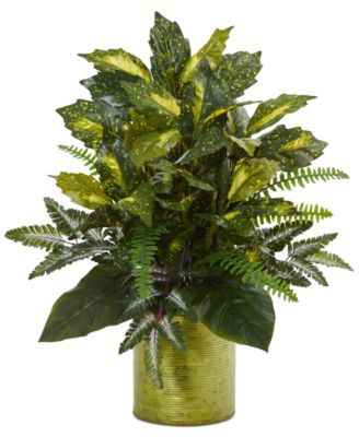 Nearly Natural - Mixed Greens Artificial Plants in Green Tin Planter