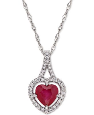 Macy's - Ruby (1 ct. t.w.) & Diamond (1/6 ct. t.w.) Heart 17" Pendant Necklace in 14k White Gold