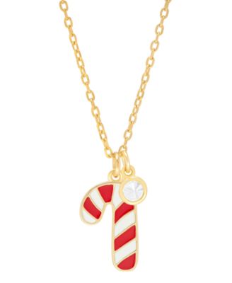 Macy's - Lab-grown White Sapphire (5/8 ct. t.w.) & Enamel Candy Cane & Bezel Drop Pendant Necklace in 14k Gold-Plated Sterling Silver, 16" + 2" extender