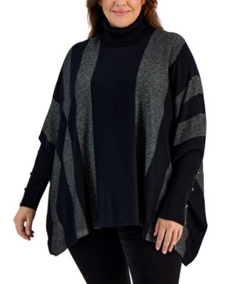 JM Collection - Plus Size Metallic-Striped Turtleneck Poncho Sweater