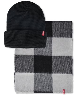 Levi's - Men's Waffle Beanie & Woven Plaid Scarf Set