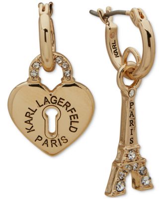 KARL LAGERFELD PARIS - Gold-Tone Pav&eacute; Heart Padlock & Eiffel Towel Mismatch Charm Hoop Earrings