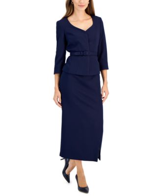Le Suit - Women's 3/4-Sleeve Belted Jacket & Midi Skirt