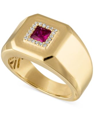 Esquire Men's Jewelry - ab-Created Ruby (1/2 ct. t.w.) & Diamond (1/10 ct. t.w.) Halo Ring in 18k Gold-plated Sterling Silver