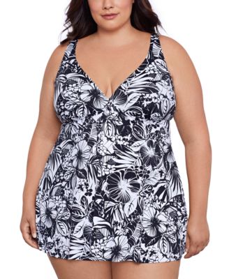 Swim Solutions - Plus Size Floral-Print Flyaway Swim Dress