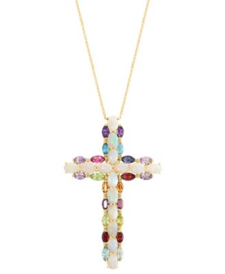 EFFY Collection - Opal (5 ct. t.w.) & Multi-Gemstone (4-5/8 ct. t.w.) 18" Cross Pendant Necklace in 14k Gold