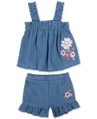 Baby Essentials - Baby Girls Cotton Chambray Top and Shorts, 2 Piece Set