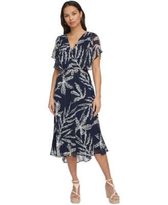 DKNY - Women's Printed Chiffon Flutter-Sleeve Midi Dress