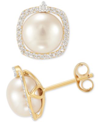 Honora - Cultured Freshwater Pearl (7mm) & Diamond (1/6 ct. t.w.) Halo Stud Earrings in 14k Gold