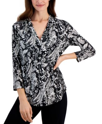 JM Collection - Women's Joanna Blooms Split-Neck Top