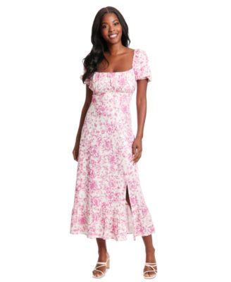 London Times - Women's Puff-Sleeve Ruched Smocked-Back Empire Midi Dress