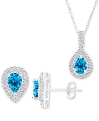 Macy's - 2-Pc. Set Swiss Blue Topaz (2-7/8 ct. t.w.) & Lab-Grown White Sapphire (1 ct. t.w.) Teardrop Halo Pendant Necklace & Matching Stud Earrings in Sterling Silver