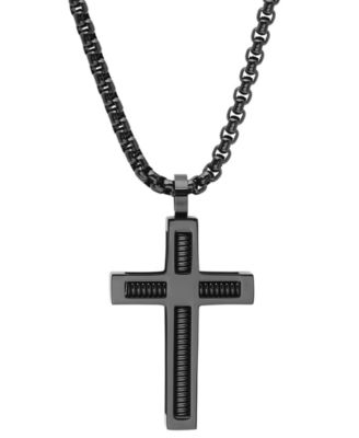 STEELTIME - Men's Black IP Stainless Steel Spring Inlay Cross 24" Pendant Necklace