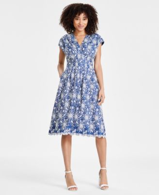 kensie - Women's Embroidered Denim Midi Dress