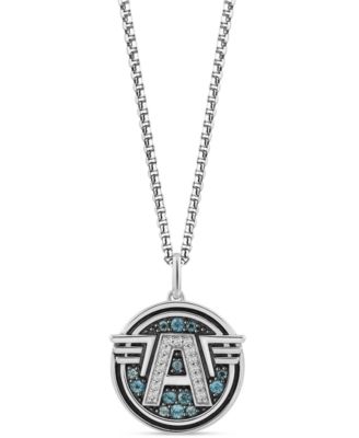 Wonder Fine Jewelry - Swiss Blue Topaz (3/8 ct. t.w.) & Diamond (1/10 ct. t.w.) Captain America Logo 18" Pendant Necklace in Sterling Silver