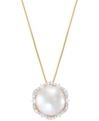 Honora - Cultured Ming Pearl (12mm) & Diamond (1/4 ct. t.w.) Halo 18" Pendant Necklace in 14k Gold