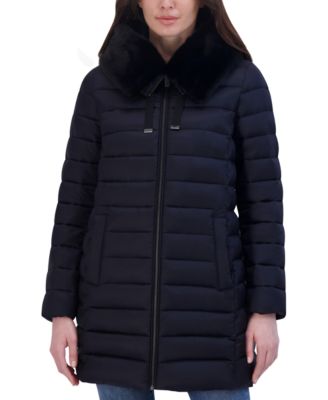 Tahari - Women's Faux-Fur-Trim Hooded Packable Shine Puffer Coat