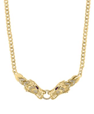 EFFY Collection - Diamond (1/3 ct. t.w.) & Ruby (1/10 ct. t.w.) Two Dragon Head 17" Statement Necklace in 14k Gold