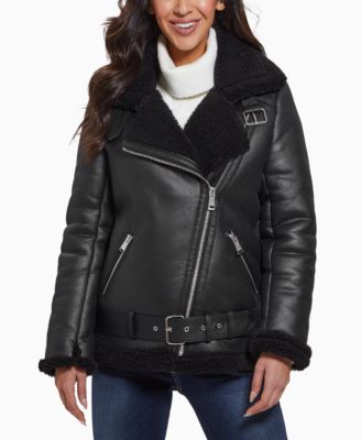 GUESS - Women's Faux-Shearling Asymmetric Moto Coat