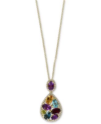 EFFY Collection - Multi-Gemstone (3-3/4 ct. t.w.) & Diamond (1/4 ct. t.w.) Pear Halo 18" Pendant Necklace in 14k Gold