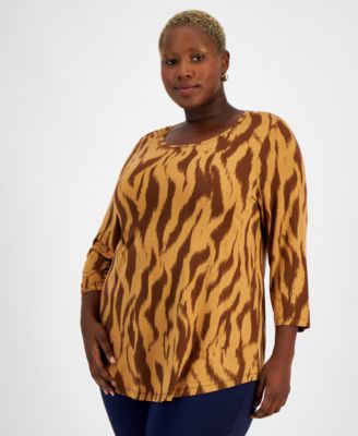 JM Collection - Plus Size Zebra-Print 3/4-Sleeve Scoop-Neck Top