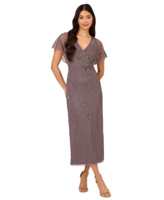 Adrianna Papell - Women's Beaded Flutter-Sleeve Gown