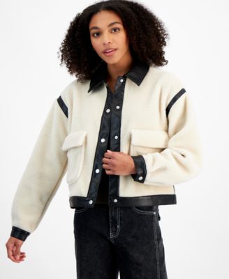 Madden Girl - Juniors' Faux-Leather-Trim Fleece Jacket