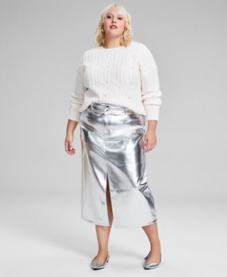 And Now This - Trendy Plus Size Metallic Midi Skirt