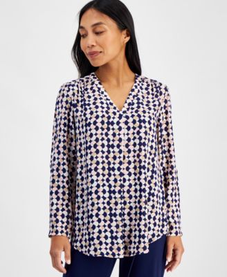 AK Anne Klein - Petite Printed Roll-Tab V-Neck Tunic