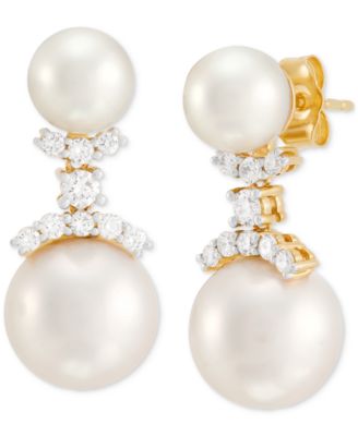 Grown With Love - Cultured Freshwater Pearl (7 & 10-1/2mm) & Lab Grown Diamond (3/8 ct. t.w.) Double Drop Earrings in 14k Gold