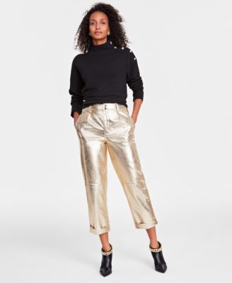 I.N.C. International Concepts - Petite High-Rise Gold-Foil Straight-Leg Pants